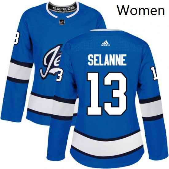 Womens Adidas Winnipeg Jets 13 Teemu Selanne Authentic Blue Alternate NHL Jersey